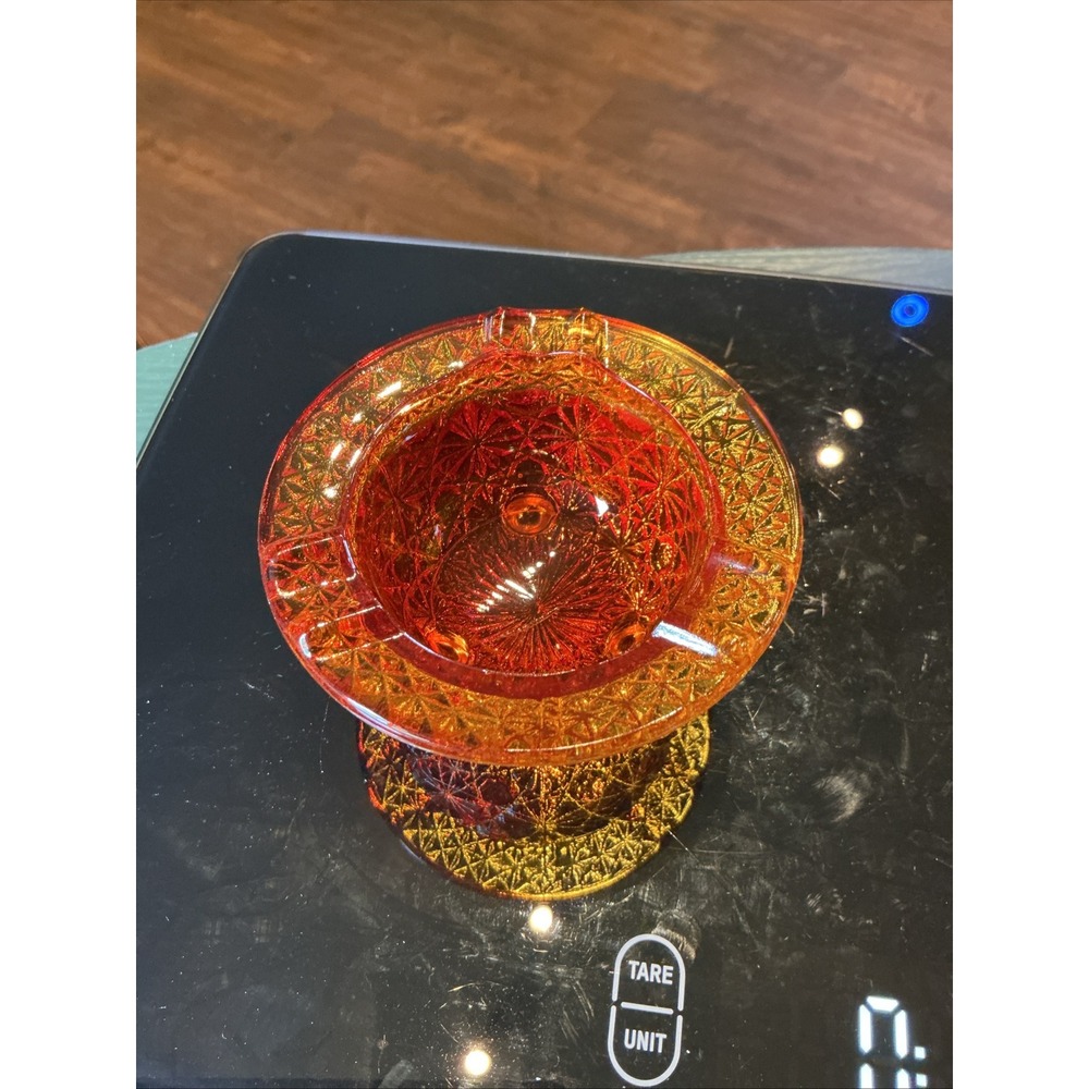 Vintage Amberina Glass Ashtray Daisy and Button Footed Red Orange UV Glow